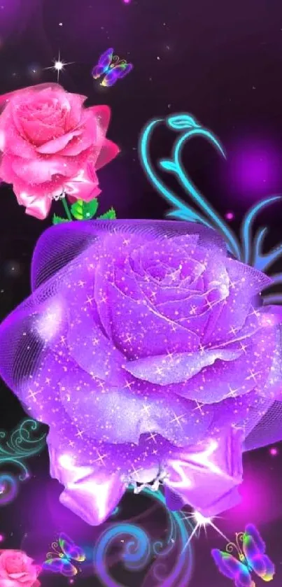 Colorful roses and butterflies wallpaper with a purple glow.