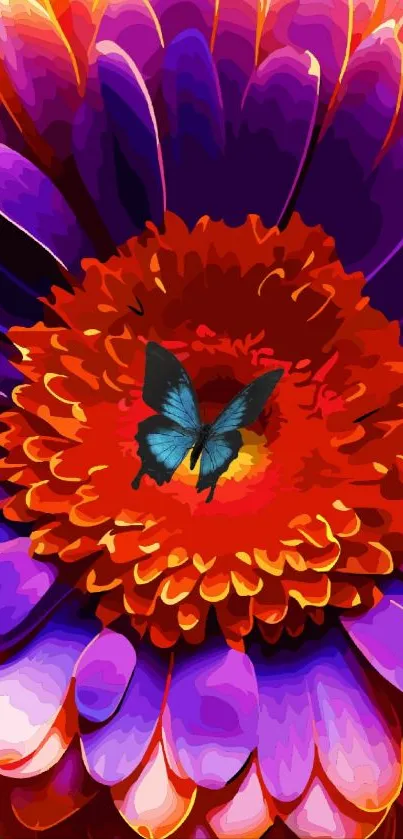 Blue butterfly on vibrant purple and orange flower wallpaper.