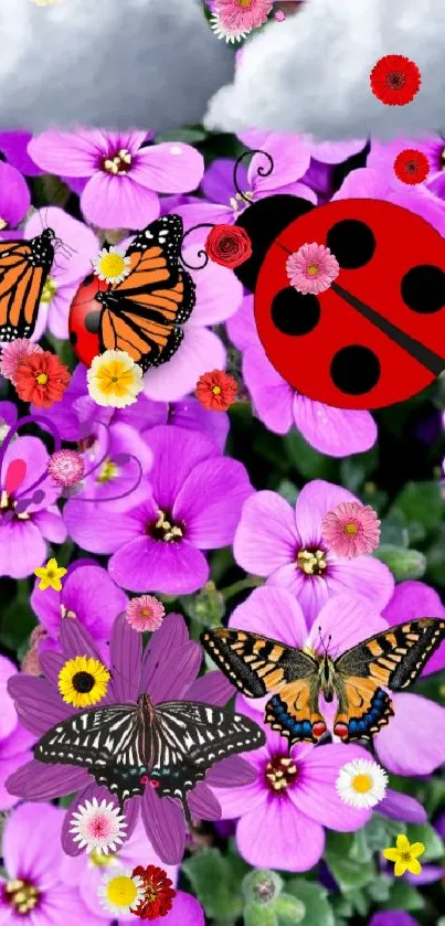 Purple flowers with butterflies and a ladybug under fluffy clouds.