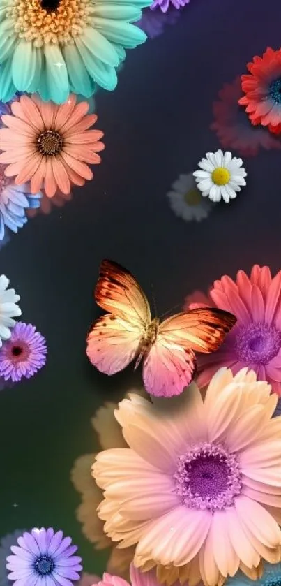 Vibrant butterfly and colorful flowers wallpaper with dark background.