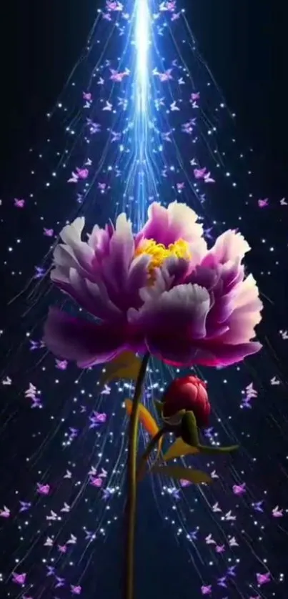 Mystical light cascades onto vibrant flower in stunning wallpaper.