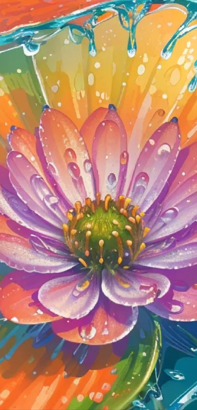 Vibrant artistic flower wallpaper with colorful petals and water effects.