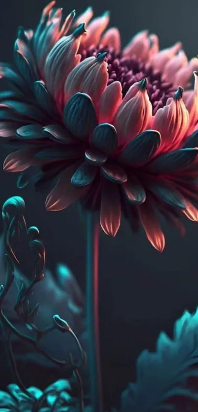 Artistic wallpaper of vibrant flower with dark teal and pink hues.