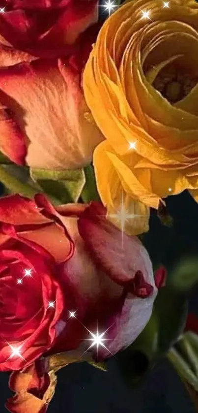 Vibrant bouquet of red and yellow roses with sparkling lights.