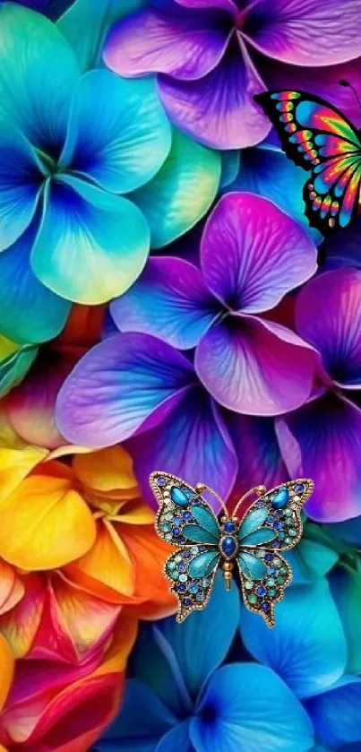 Vibrant flowers with colorful butterflies on a mobile wallpaper.