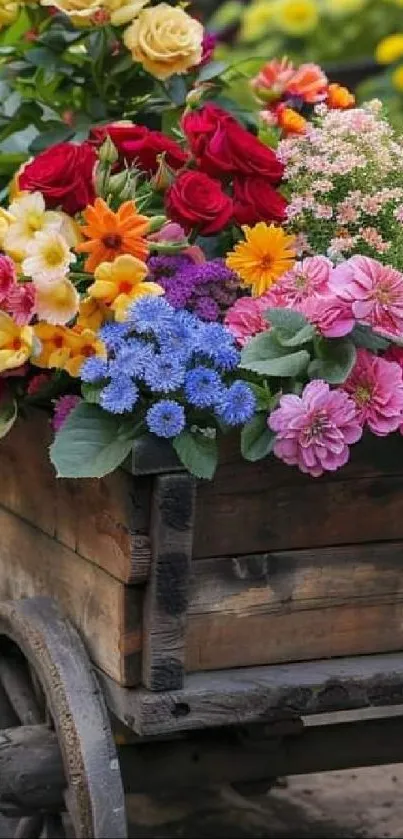 Colorful flowers in a rustic wooden cart.