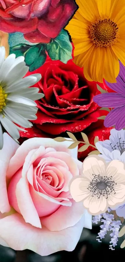 Vibrant flower collage with roses and daisies on a black background.