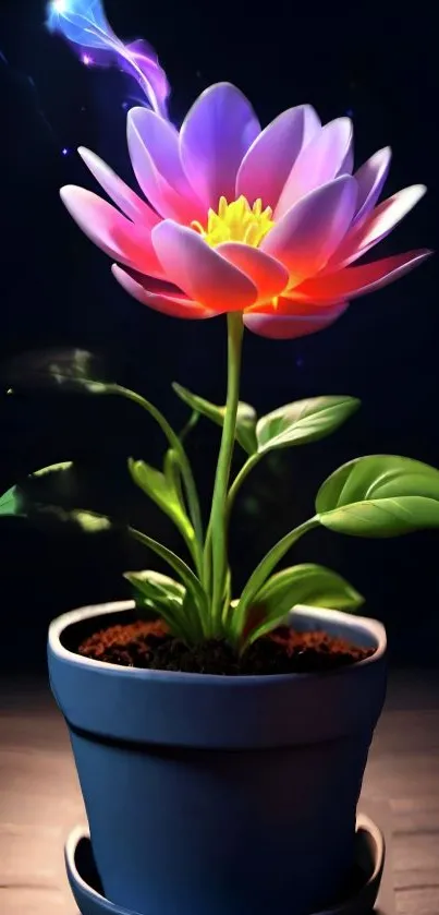 Colorful digital flower in a blue pot against a dark background.