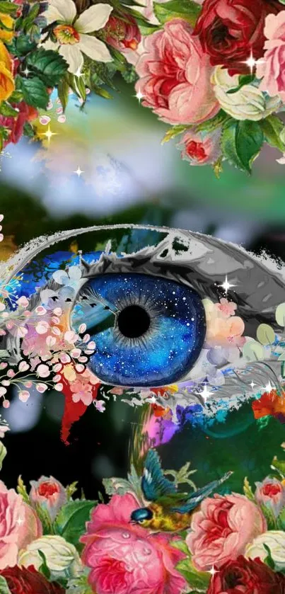 Blue eye with colorful floral border wallpaper.