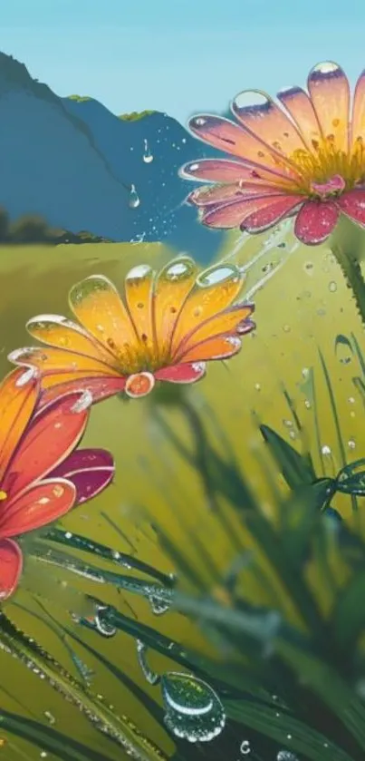 Illustrated wallpaper of vibrant flowers with dewdrops in a green field.