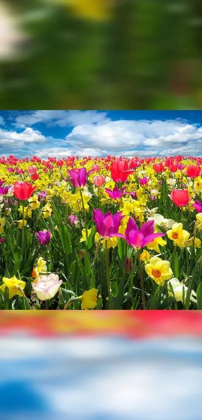 Blooming flower field with pink tulips and yellow daffodils under blue sky.