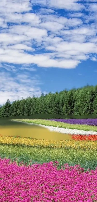 A vibrant field of colorful flowers under a clear blue sky.