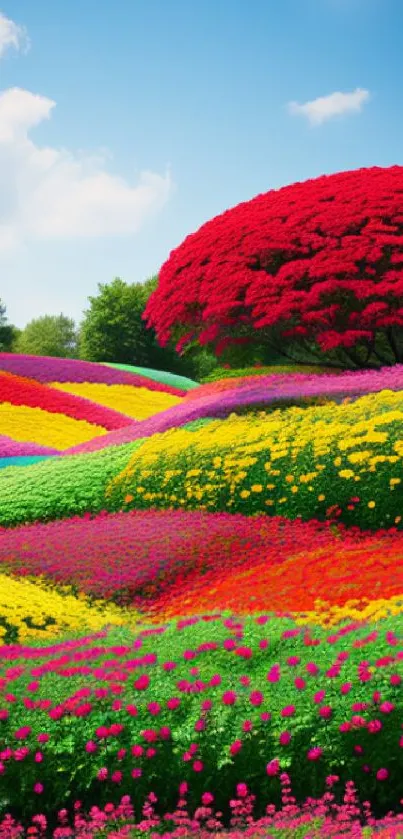 Vibrant flower field with colorful blooms under a blue sky.