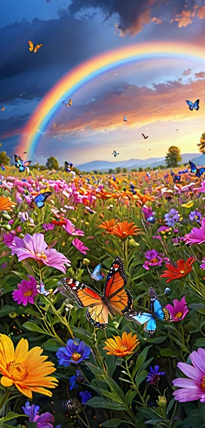 Vibrant field of flowers and butterflies under a rainbow sky.