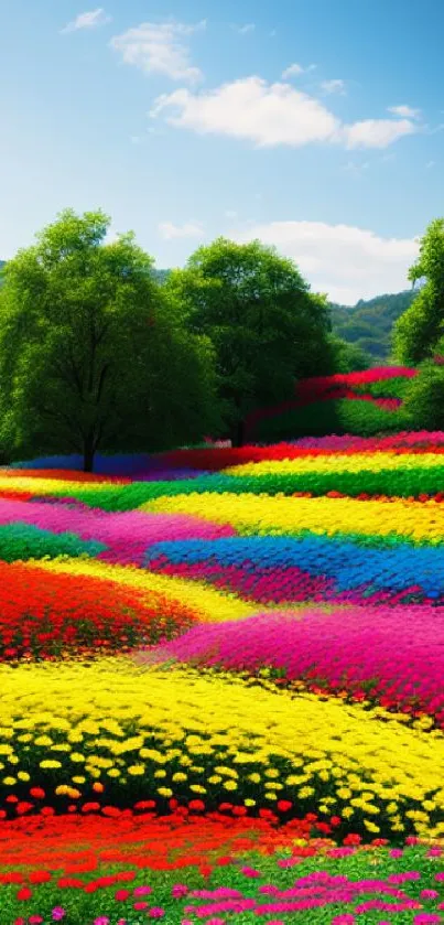 Vibrant flower fields with colorful blooms and lush green trees.