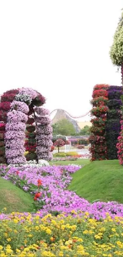 Vibrant garden with floral archways and colorful flower path.