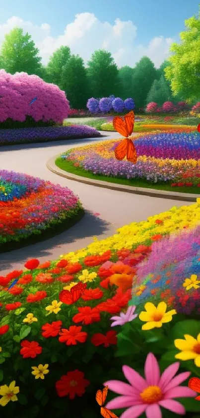 A vibrant flower garden with colorful pathways and lush greenery.