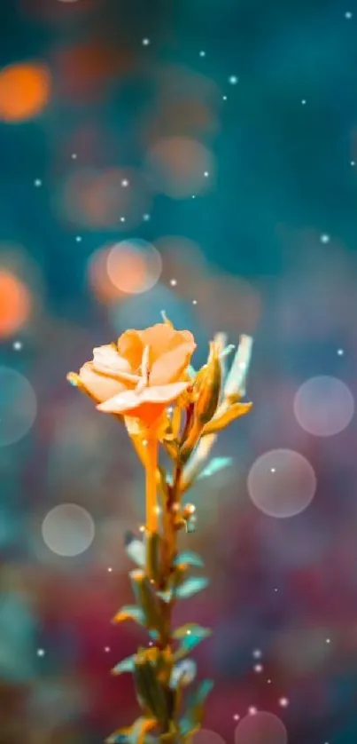 Vibrant golden flower with a blurry teal background, creating a dreamlike effect.