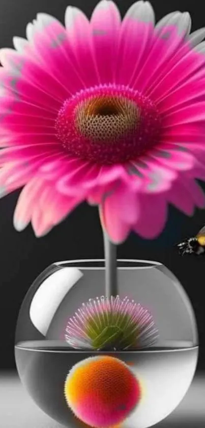 Pink flower in glass vase with a bee buzzing beside.