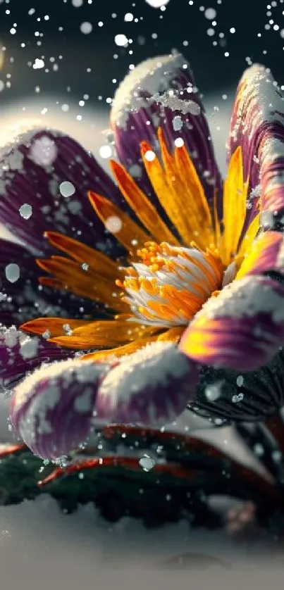 Vibrant purple and orange flower with snowflakes, artistic mobile wallpaper.