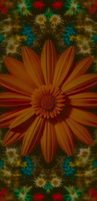 Orange flower kaleidoscope pattern wallpaper.