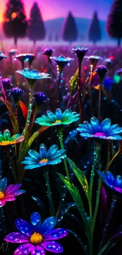 Colorful flowers in a meadow at sunset, vibrant and serene.