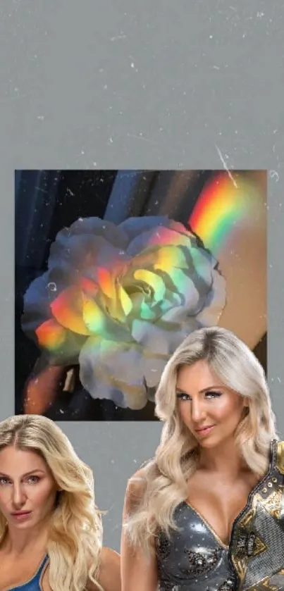 Vibrant rose with rainbow light on gray background.