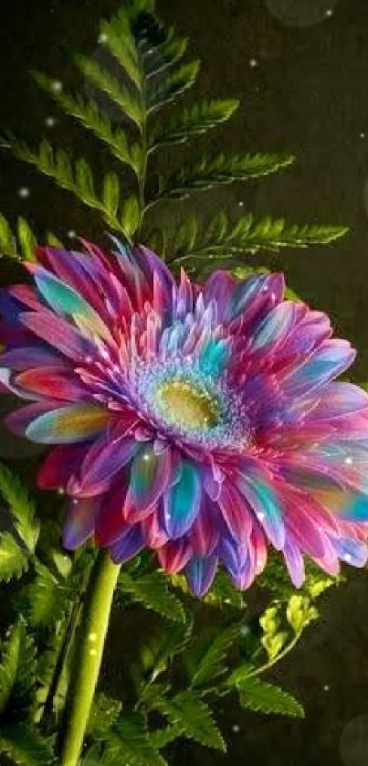 Vibrant, multi-colored flower with green leaves on wallpaper.