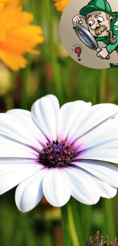 Vibrant floral wallpaper with white daisy and cartoon illustrations.