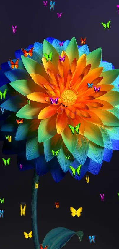 Colorful flower wallpaper with vibrant orange and blue petals on a dark background.