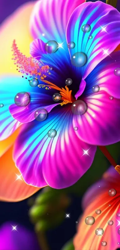 Vibrant floral wallpaper with colorful petals and water droplets.