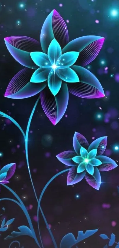 Vibrant neon flower design with glowing teal and purple colors.