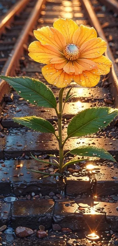 Orange flower growing on railway tracks with dewdrops.