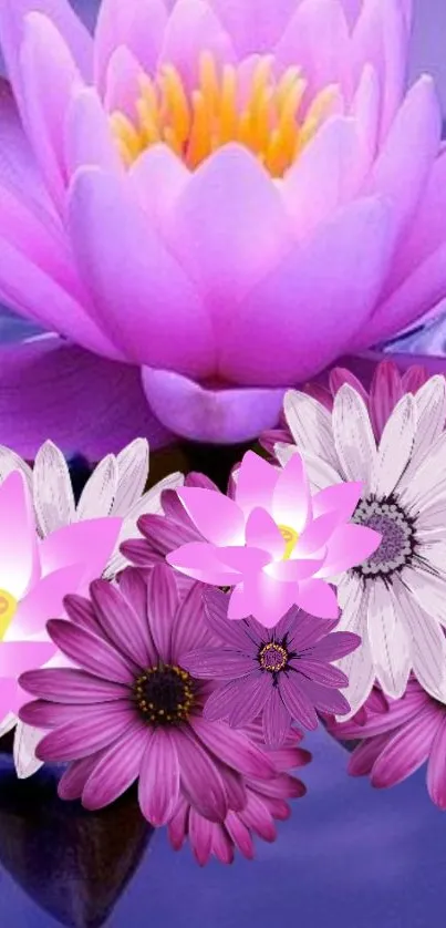 Beautiful pink flowers with serene reflections on water.