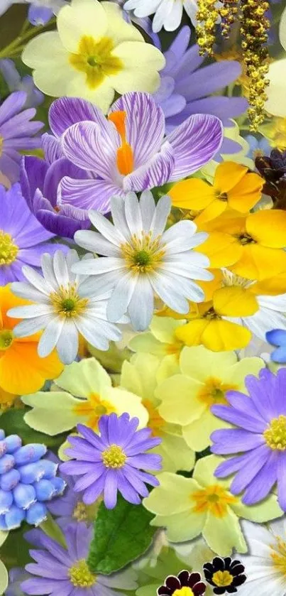 Colorful floral wallpaper with yellow, purple and white flowers.