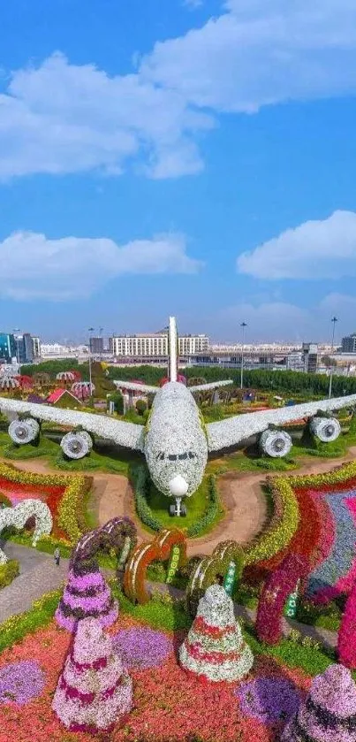 Airplane made of flowers in a vibrant, colorful garden with clear blue skies.