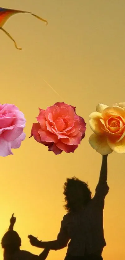 Silhouette with roses under a golden sky in mobile wallpaper.