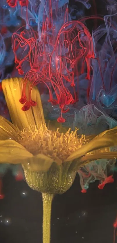 Yellow flower with red and blue ink on a dark background.