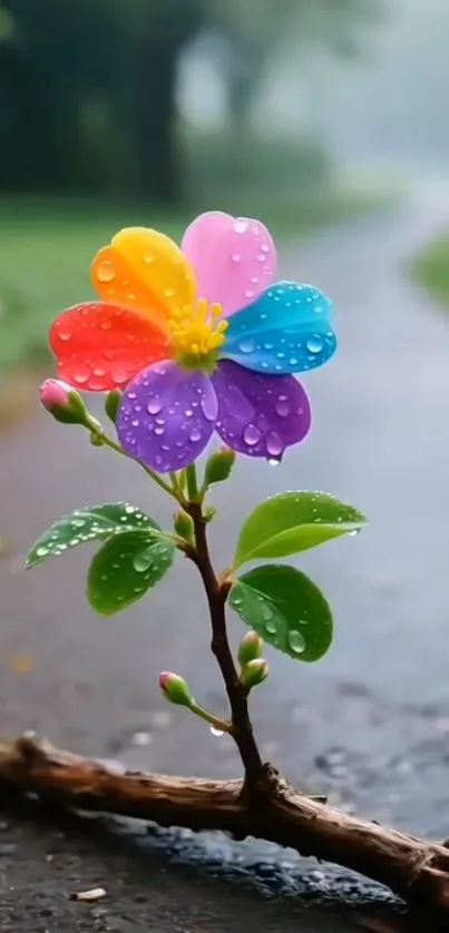 Dew-covered vibrant flower with colorful petals on a path.