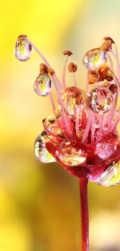 Close-up of a vibrant flower with sparkling water droplets on yellow background.