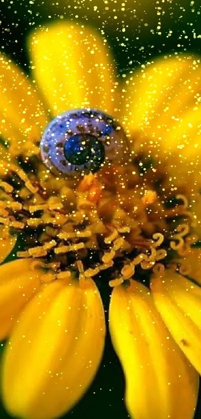 Close-up of a vibrant yellow flower with a snail on petals.