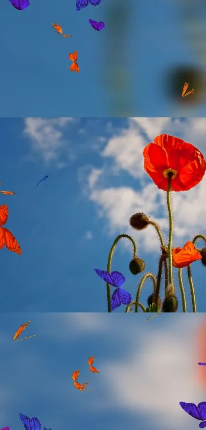 Vibrant wallpaper with poppies and butterflies against a blue sky.