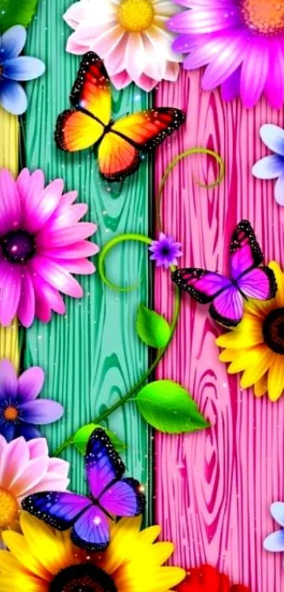 Colorful flowers and butterflies on wooden background wallpaper.