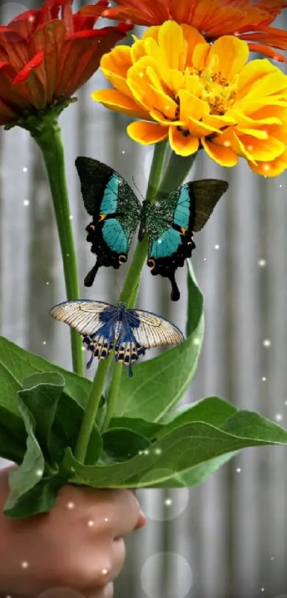 Vibrant floral bouquet with butterflies in hand.