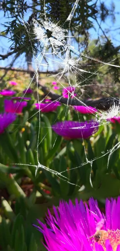 Purple flowers with spider webs on a sunny day