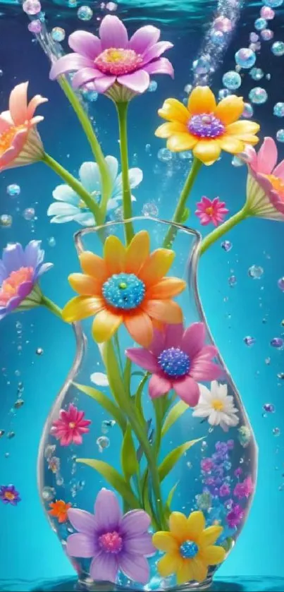 Vibrant flowers in a glass vase underwater.