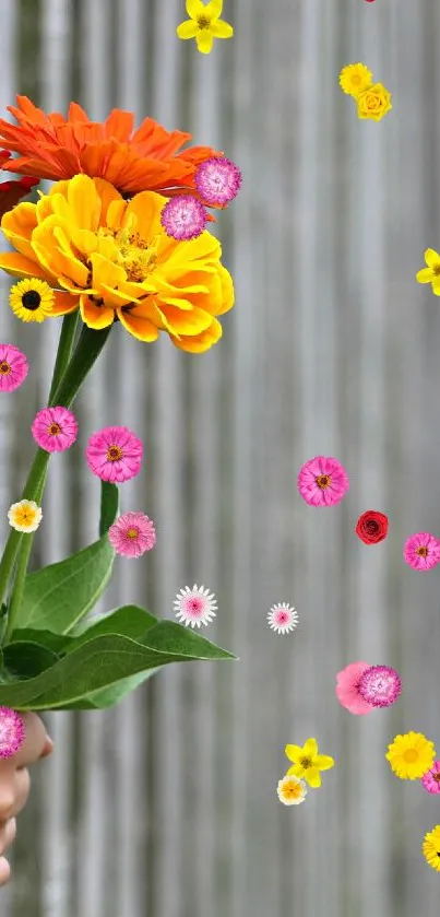 Hand holding vibrant flowers against rustic fence.