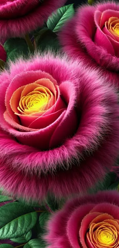 Vibrant mobile wallpaper with fluffy pink and yellow roses.