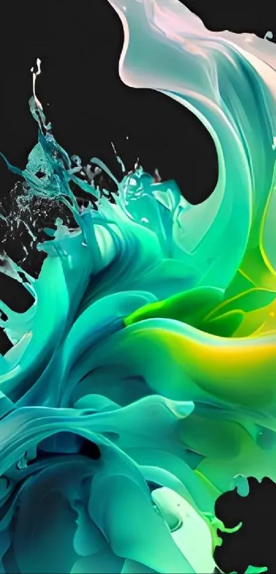 Vibrant teal and green fluid art wallpaper with dynamic swirls.