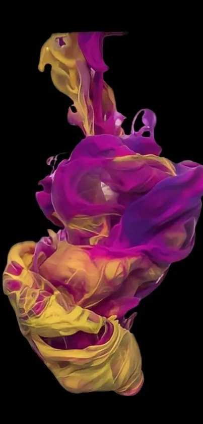 Vibrant magenta and yellow ink swirls on black background.